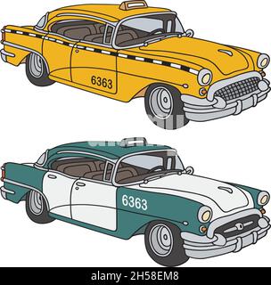 Il disegno a mano vettorizzato di due classiche auto di taxi americane Illustrazione Vettoriale