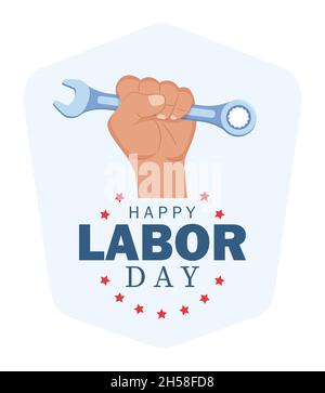 Happy Labor Day e poster vettoriale dei lavoratori. Struttura festiva, chiave a mano. Illustrazione vettoriale Illustrazione Vettoriale