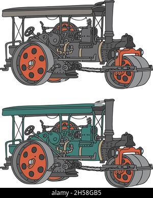 Il disegno a mano vettorizzato di due rulli stradali vintage a vapore Illustrazione Vettoriale