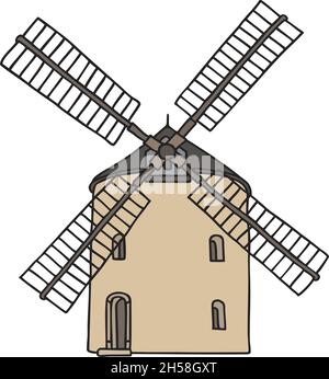 Il disegno a mano vettorizzato di un vecchio mulino a vento in pietra Illustrazione Vettoriale
