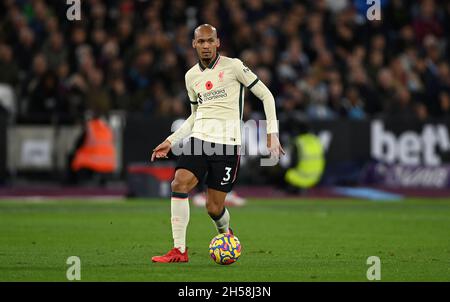 Londra, Regno Unito. 7 Nov 2021. Fabinho (Liverpool) durante la partita West Ham vs Liverpool Premier League al London Stadium Stratford. Credit: MARTIN DALTON/Alamy Live News Foto Stock