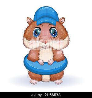 Carino criceto in circolo nuoto e cappello, concetto estivo, personaggi di criceto cartone animato, divertente personaggio animale Illustrazione Vettoriale