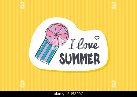 Carte estive colorate e carine disegnate a mano, sfondo. Illustrazioni vettoriali per t-shirt, poster stampati. Vacanza, viaggio, vacanza a tema. Amo l'estate Illustrazione Vettoriale