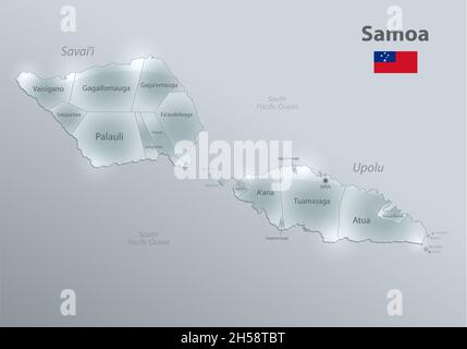 Mappa e bandiera di Samoa, divisione amministrativa, separa regioni e nomi, progetta vetro scheda vettore 3D Foto Stock