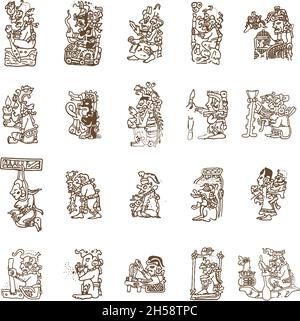 Antico maya divinità maschera simbolo set di illustrazione Illustrazione Vettoriale