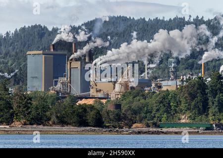 Il fumo si riversa dai ciminieri della polpa di Crofton e cartiera, situato sul lungomare nella parte meridionale dell'isola di Vancouver, British Columbia. Foto Stock