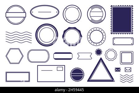 Set di icone per la spedizione di francobolli in gomma retrostadio lineare. Timbro postale vuoto, stampa circolare e ondulata, registro o busta su carta. Marcature di profilati diversi. Isolato su illustrazione vettoriale bianca Illustrazione Vettoriale