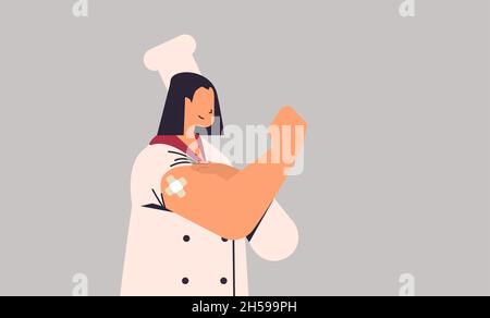 vaccinato donna chef in uniforme dopo l'iniezione di vaccino riuscito covid-19 vaccinazione ritratto orizzontale Illustrazione Vettoriale