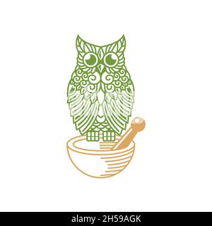 logo in forma di gufo con un farmaco farmaceutico. logo in buona salute e farmacia. Illustrazione Vettoriale