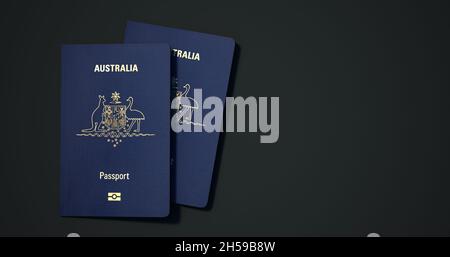 Passaporto australiano. Passaporto da paesi diversi con sfondi scuri rendering 3d. Foto Stock