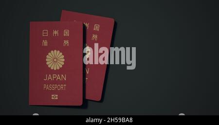 Passaporto giapponese. Passaporto da paesi diversi con sfondi scuri rendering 3d. Foto Stock