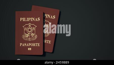 Passaporto delle Filippine. Passaporto da paesi diversi con sfondi scuri rendering 3d. Foto Stock