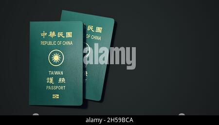 Passaporto di Taiwan. Passaporto da paesi diversi con sfondi scuri rendering 3d. Foto Stock