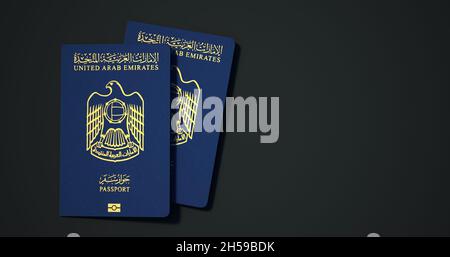 Passaporto degli Emirati Arabi Uniti. Passaporto da paesi diversi con sfondi scuri rendering 3d. Foto Stock