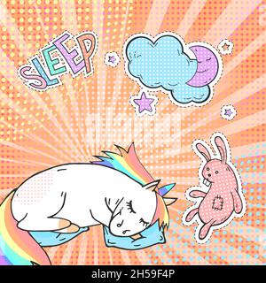 Cute unicorno sonno, luna, coniglio giocattolo e adesivo con testo SONNO. Sfondo vettoriale pop art. Poster, biglietto d'auguri o invito in stile fumetto. Illustrazione Vettoriale