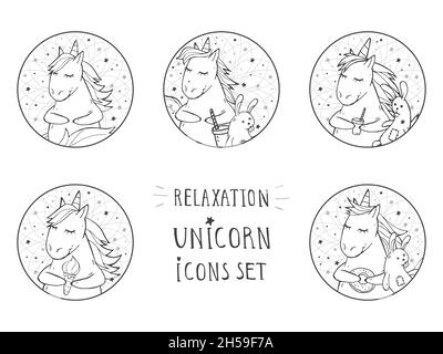 Set vettoriale di icone nere con simpatici unicorni disegnati a mano. Testo - RILASSAMENTO sullo sfondo. Per il tuo design. Stile cartoon. Illustrazione Vettoriale