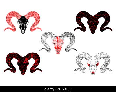 Set vettoriale di teschi disegnati a mano con elementi grunge in diverse varianti su sfondo bianco. In nero e rosso. Per voi design, tatuaggio Illustrazione Vettoriale