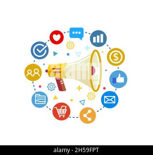 Concetto di digital marketing con megaphone, icona di social media online marketing Illustrazione Vettoriale