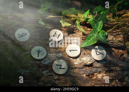 Sul tronco di un albero, coperto di edera, sono in legno rune scandinave. Luce mistica. Il concetto di divinazione ed esoterismo. Primo piano. Foto Stock