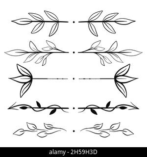 Set di delimitatori di testo, disegno a mano. Divisori per carte botaniche con foglie e ramoscelli. Collezione di gioielli per la scrittura, illustrazione vettoriale. Illustrazione Vettoriale