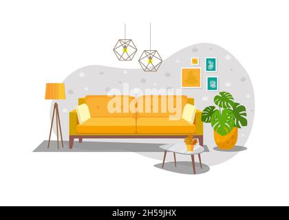 Soggiorno confortevole con divano, elementi interni comfort casa, divano giallo con cuscini, moderno divano per rilassarsi Illustrazione Vettoriale