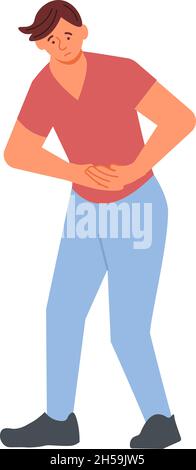 L'uomo malato si accucchiò tenendo lo stomaco. Carattere con dolore addominale. Sindrome dell'intestino irritabile o concetto di avvelenamento. Flat Art Vector Illustratio Illustrazione Vettoriale
