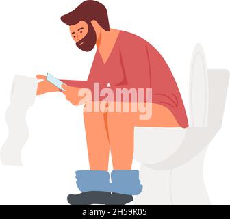 Uomo malato con diarrea seduta sul gabinetto. Carattere con dolore addominale. Sindrome dell'intestino irritabile o concetto di avvelenamento. Flat Art Vector Ill Illustrazione Vettoriale