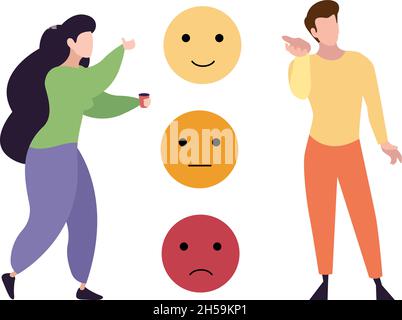 Emozioni umane. Sondaggio, revisione o feedback, scegli il tuo umore. Donna uomo e sorriso volto vettore scena Illustrazione Vettoriale