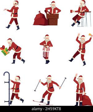 Santa divertente. Il personaggio della fiaba di Natale in azione mette in mano regali facendo esercizi giacche rosse e pantaloni garish vettore illustrazione cartoon Illustrazione Vettoriale