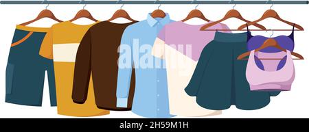 Vestiti su appendiabiti. Abiti casual moda per uomo e donna in guardaroba Garish vettore illustrazioni piatte Illustrazione Vettoriale