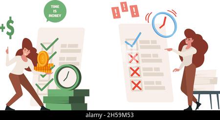 Concetto di gestione del tempo. Scadenza e lavoro riuscito. Le donne di ufficio che lavorano, caratteri vettoriali di affari Illustrazione Vettoriale