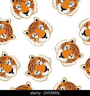 Modello senza cuciture Tiger. Tigers teste isolate su sfondo bianco. Sfondo animale per tessuto o carta da parati. Illustrazione di un cartoon vettoriale Illustrazione Vettoriale