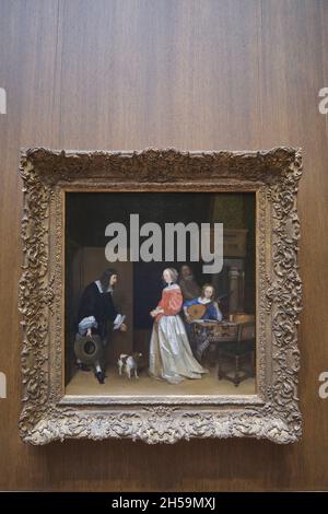 Un dipinto ad olio intitolato The Suitor's Visit dell'artista olandese Gerard Ter Borch The Younger. Alla National Gallery of Art di Washington DC. Foto Stock