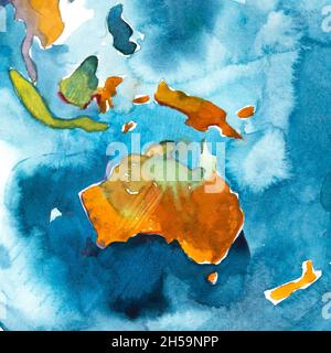 Acquerello carta disegnata a mano dell'Australia. Illustrazione dell'acquerello. Foto Stock