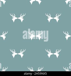 Seamless pattern invernale con silhouette di testa di cervo con corna. vettore flat ornamento di Natale sulla polvere sfondo blu Illustrazione Vettoriale