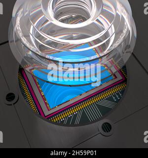 Sensore per fotocamera digitale su scheda a circuito stampato con elementi ottici, primo piano di ritaglio, rendering 3D Foto Stock