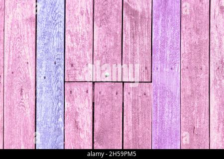 Sfondo in legno con tavole dipinte di rosa e viola Foto Stock