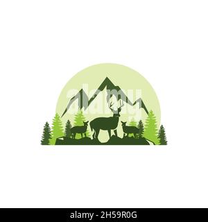 logo moderno, vintage, elegante e giocoso, con il concetto di foresta e natura selvaggia. Illustrazione Vettoriale