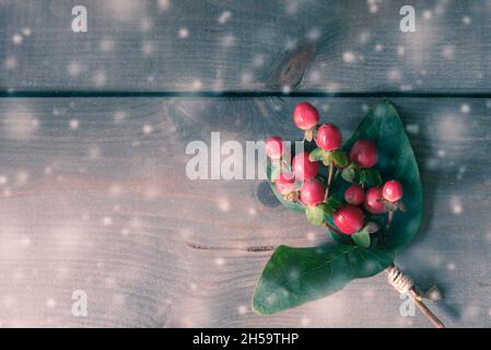 Tavolo innevato con bacche rosse. Sfondo natalizio o Felice Anno Nuovo. Foto Stock