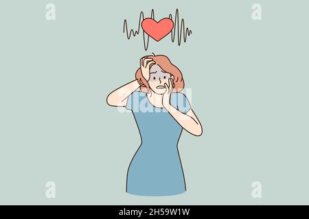 Temendo bruciore di cuore e concetto di panico. Giovane stressato scioccato donna personaggio cartoon in piedi toccare viso sensazione panico vettore illustrazione Illustrazione Vettoriale