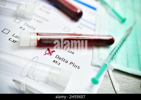 Blutprobe mit Coronavirus Delta-Plus-variante AY.1, Symbolfoto Foto Stock