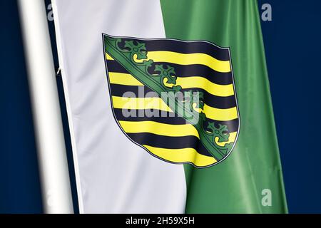 Wehende Fahne des deutschen Bundeslandes Sachsen Foto Stock