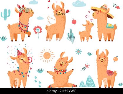 Simpatico lama. Personaggi alpaca, animali cartoni animati di lana con fiori. Baby lama con madre, divertente compleanno morbido alpaca selvaggia, collezione vettoriale di classe Illustrazione Vettoriale