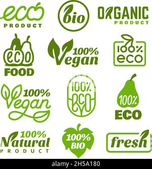 Set di etichette biologiche. Eco fresco tag con foglie, badge organici. Enogastronomia naturale, adesivi prodotti promozione ecologia. Simboli vettoriali in ordine verde Illustrazione Vettoriale