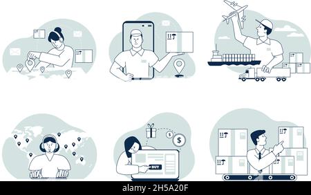 Concetto logistico di consegna. E-commerce, assegno e spedizione. Tenere traccia degli ordini in app, servizio di controllo del carico. Esportazione mondiale, scene vettoriali recenti Illustrazione Vettoriale