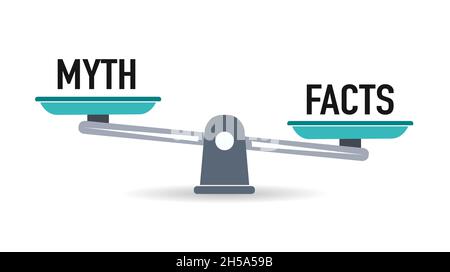 Illustrazione di miti e fatti. Precisione delle informazioni nel concetto di persone minuscole. Foto Stock