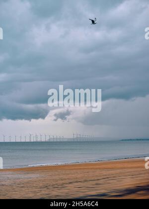 Offshore Wind Power - North Gare Beach e lontano offshore Teesside wiind Farm / windfarm a Teesbay vicino Redcar North Sea Coast Inghilterra UK Foto Stock