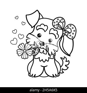 Carino cucciolo con un fiore. Disegno lineare in bianco e nero. Vettore Illustrazione Vettoriale