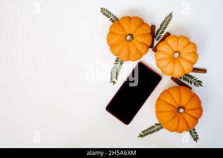 Telefono vuoto in rosso caso e tre zucche con bastoni di cannella e Jacaranda secco foglie mimosifolia vista dall'alto app mock up vacanza design Foto Stock