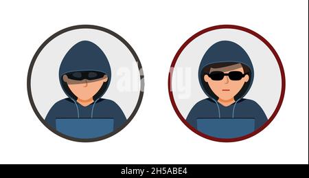 L'icona hacker. L'uomo in una felpa nera è seduto a un computer portatile. Hacker in cerchio isolato Illustrazione Vettoriale